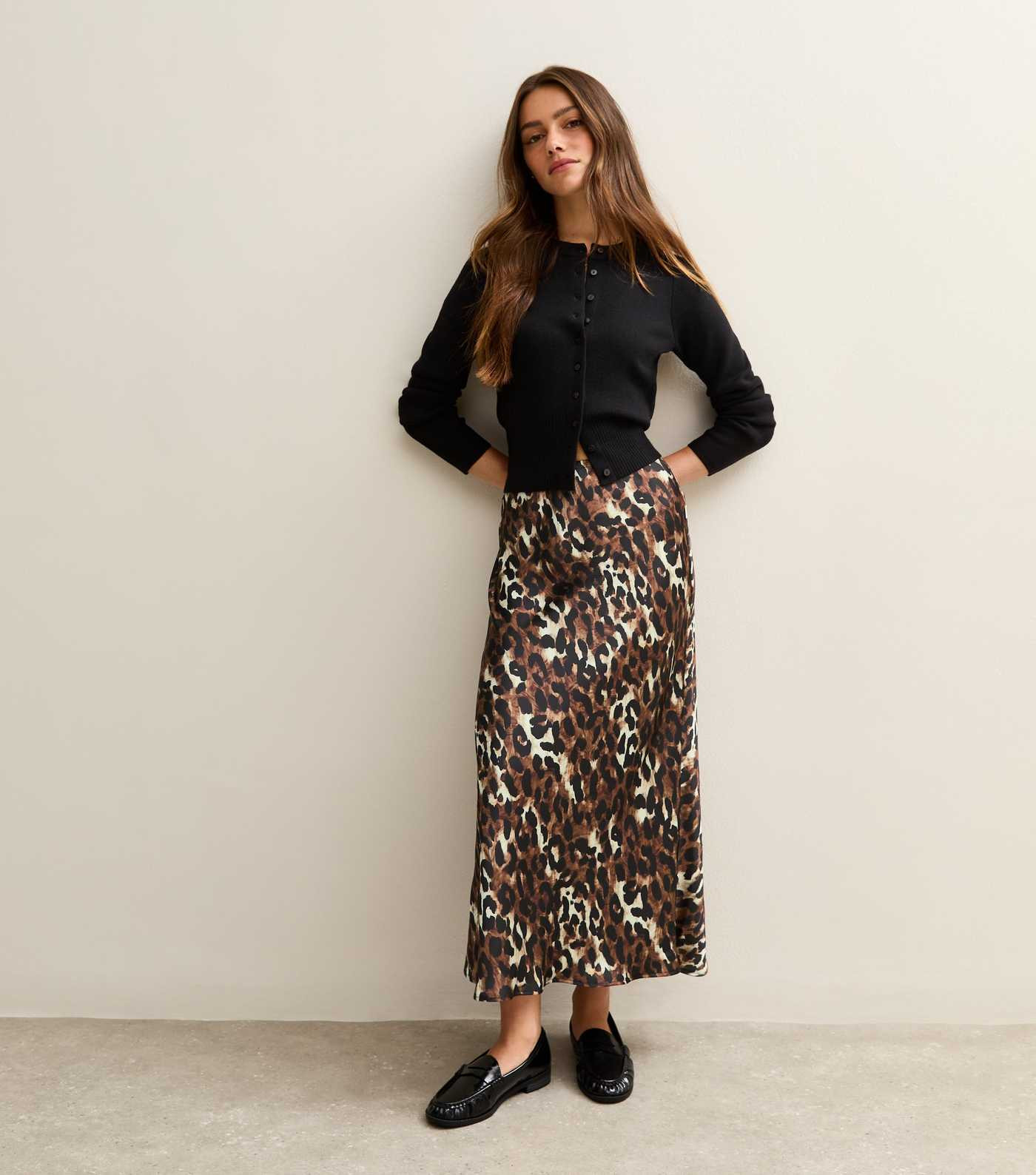 Petite Brown Leopard Print Satin Midi Skirt | New Look | New Look (UK)