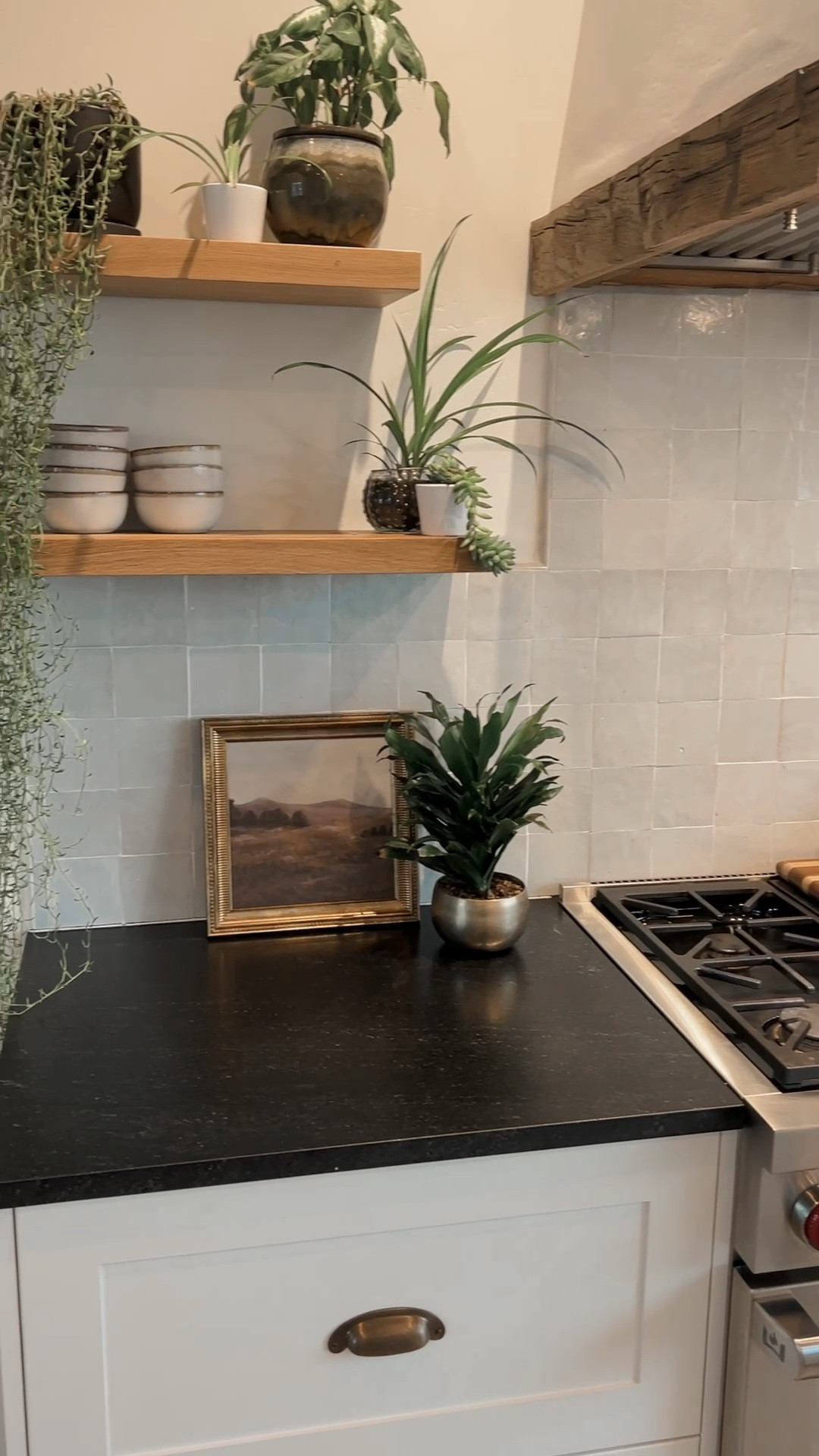 A view from our range with all the daily accessories. 

Kitchen design 
Oven range 
Kitchen layout 
Cabinet design 
Kitchen decor 
Small ceramic bowls 
Open shelving 
Kitchen plants

#LTKHome