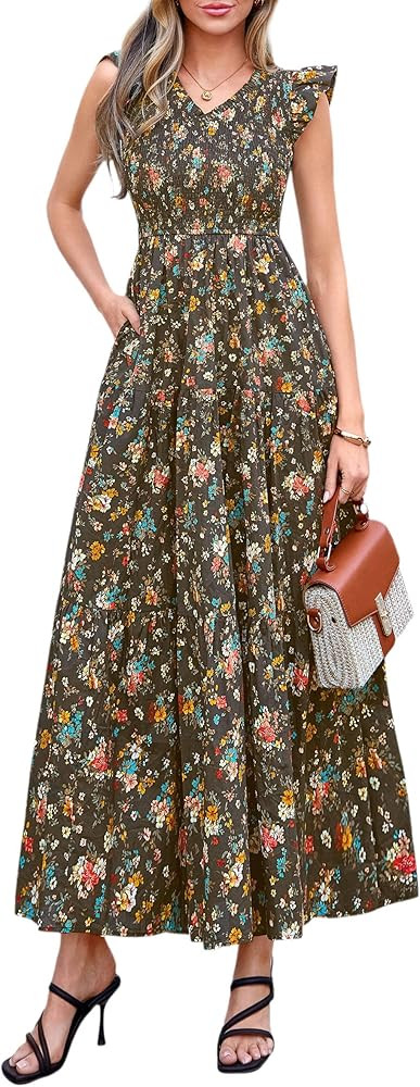 PRETTYGARDEN Women's Smocked Boho Floral Maxi Dress | Amazon (US)