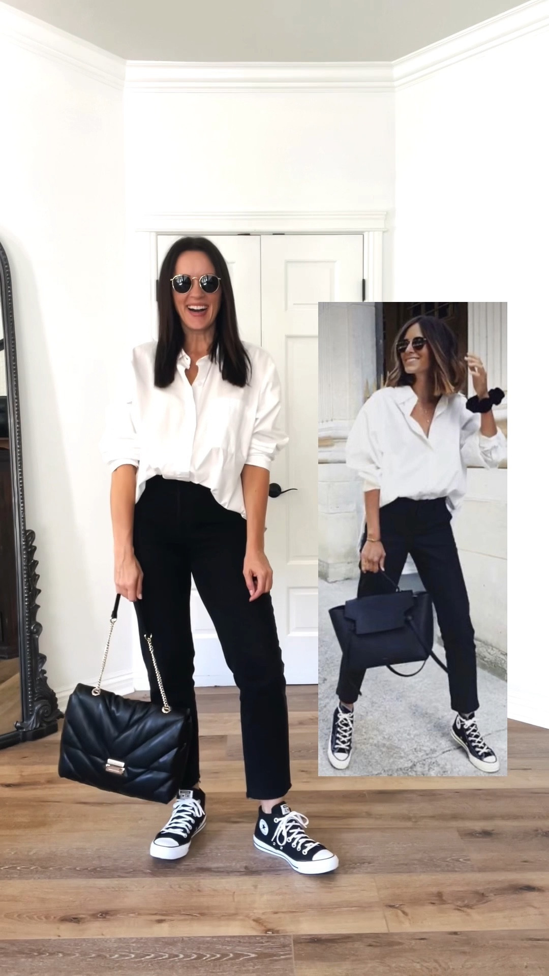 Black & white, sometimes fashion is just easy. 

White button down-wearing large for an oversized fit. 
Jeans-exact pair has very limited sizes in stock. Wearing 6. I linked a few other pairs, any black ankle denim will achieve this look. 
High-tops-run true to size. Super comfy. 
Sunnies-Rayban
Bag-from Target last year but linked an almost identical version that is in stock from H&M. 

Casual wear | outfit | street style | black high top converse | black and white | high contrast 

#LTKunder50 #LTKstyletip #LTKunder100