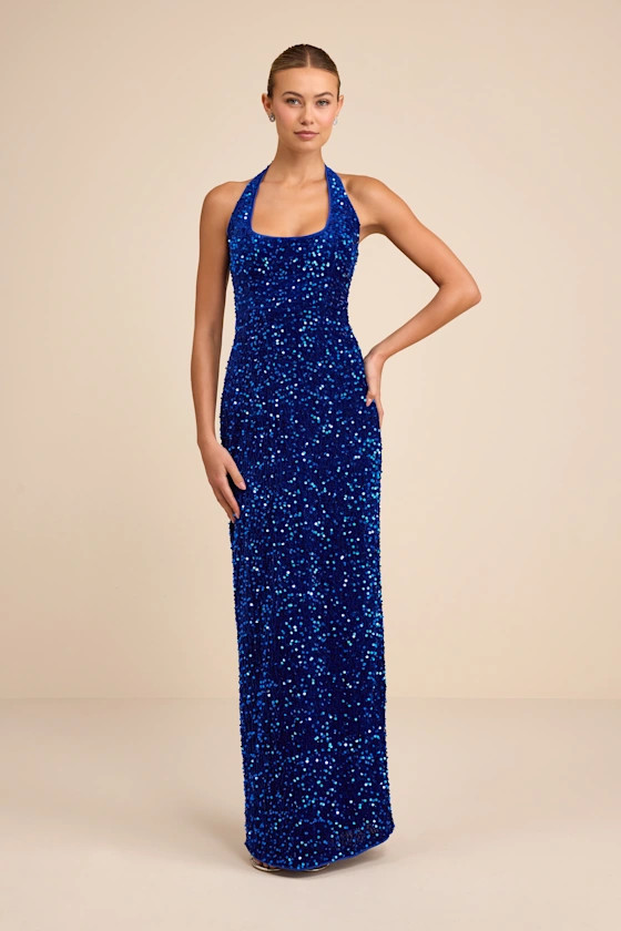 Xylana Royal Blue Velvet Sequin Halter Maxi Dress | Lulus