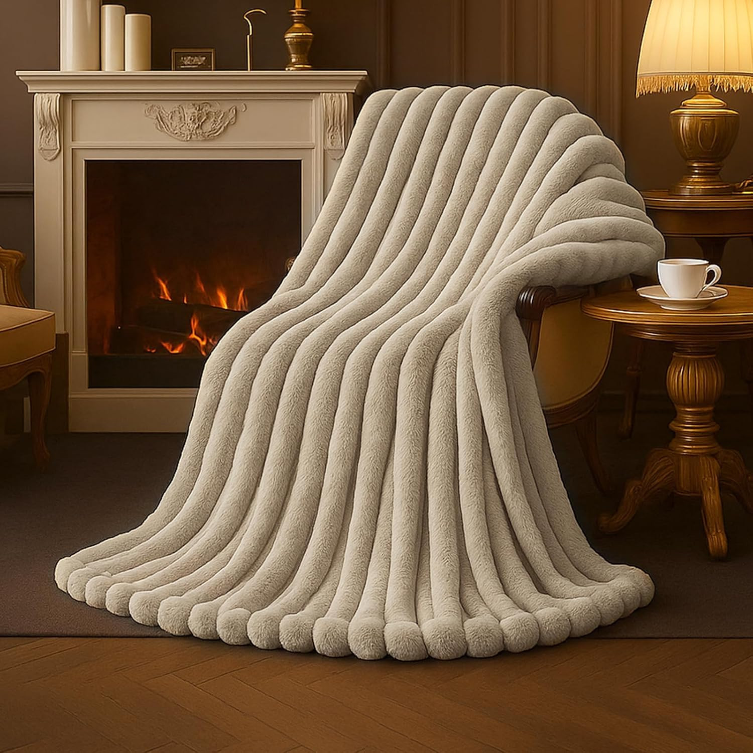 Amélie Home Soft Striped Faux Fur Throw Blanket for Couch, Beige, 55"x70" | Amazon (US)