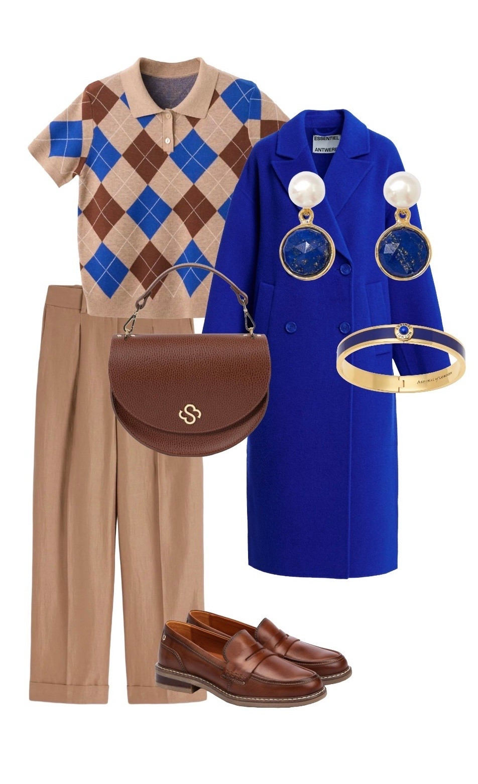 Back to work! September styling with a cute camel, cognac brown and cobalt argyle knit, light brown linen turn up trousers, a brown satchel / saddle bag, chunky loafers, a fab double-breasted cobalt coat and stunning enamel jewellery for a pop of colour and lightheartedness for transitional style at its best 💙 

Cobalt Cashmere Oversized Double-Breasted Coat - NEW at Essentiel Antwerp

Argyle Short Sleeve Camel & Cobalt Knit - NEW at Mango

Linen Cropped Trousers in Cappuccino - ON SALE at Boden 

Kate Cognac Brown Saddle Bag - ON SALE at Cambridge Satchel Company

Lapis Blue Gold Plated Gemstone Enamel Bangle - Aspinal of London (earrings available)

Nova Lapis Lazuli, Pearl & Gold Drop Earrings - Pearls of the Orient at Wolf & Badger

Aldaya Chunky Brown Loafers - Pikolinos ON SALE at La Redoute

#LTKsale #LTKluxury #LTKshoes #LTKbag #LTKFashionMonth #LTKautumn #LTKeurope #LTKuk
