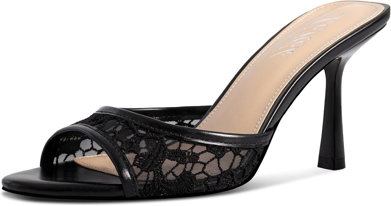 Women's Kitten Heels Open Toe Mules Heels Slip On Lace Heeled Sandals Summer Dress Shoes for Part... | Amazon (US)