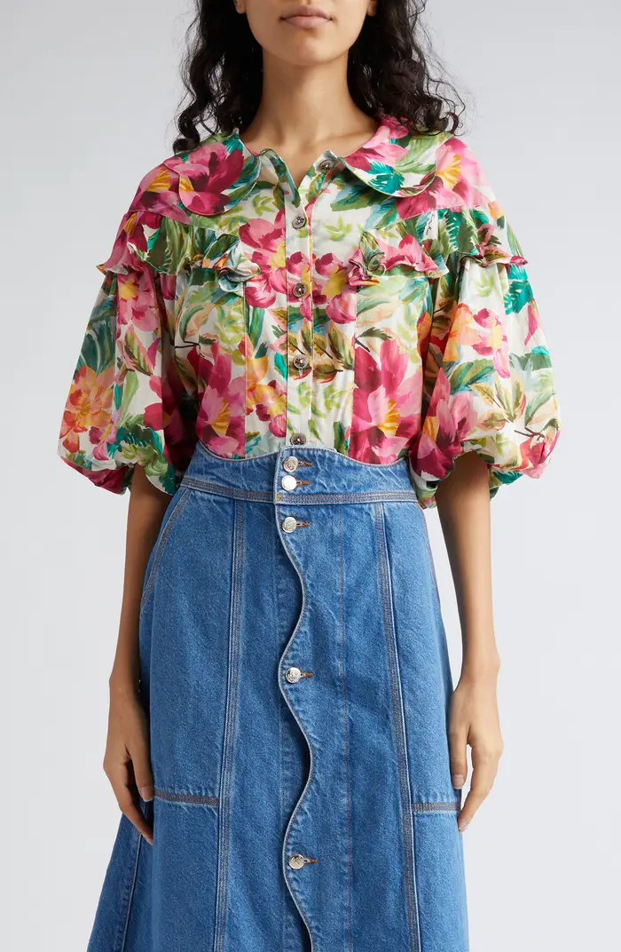 FARM Rio Painted Flowers Ruffle Puff Sleeve Cotton Button-Up Shirt | Nordstrom | Nordstrom