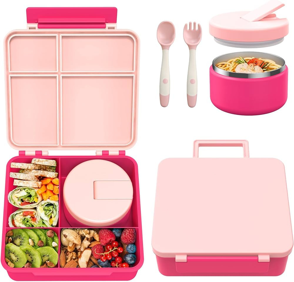 Bento Lunch Box with 8oz Soup Thermo, Kids Leakproof Lunch Food Containers with 4 Compartment, Ki... | Amazon (US)