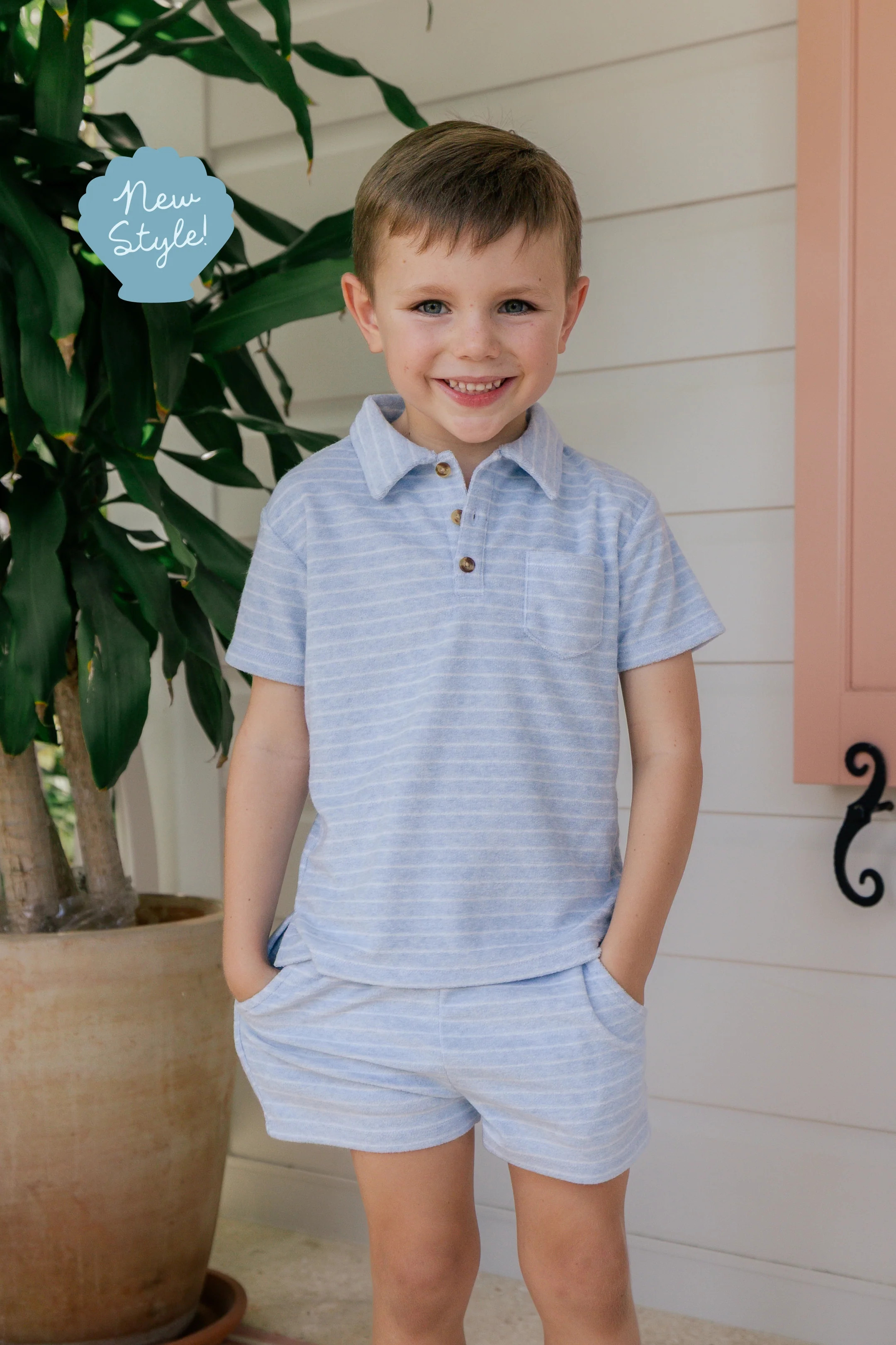 Blue Terry Stripe Polo Two Piece Set | Cute Boys Beach Outfit | In My Jammers | In My Jammers