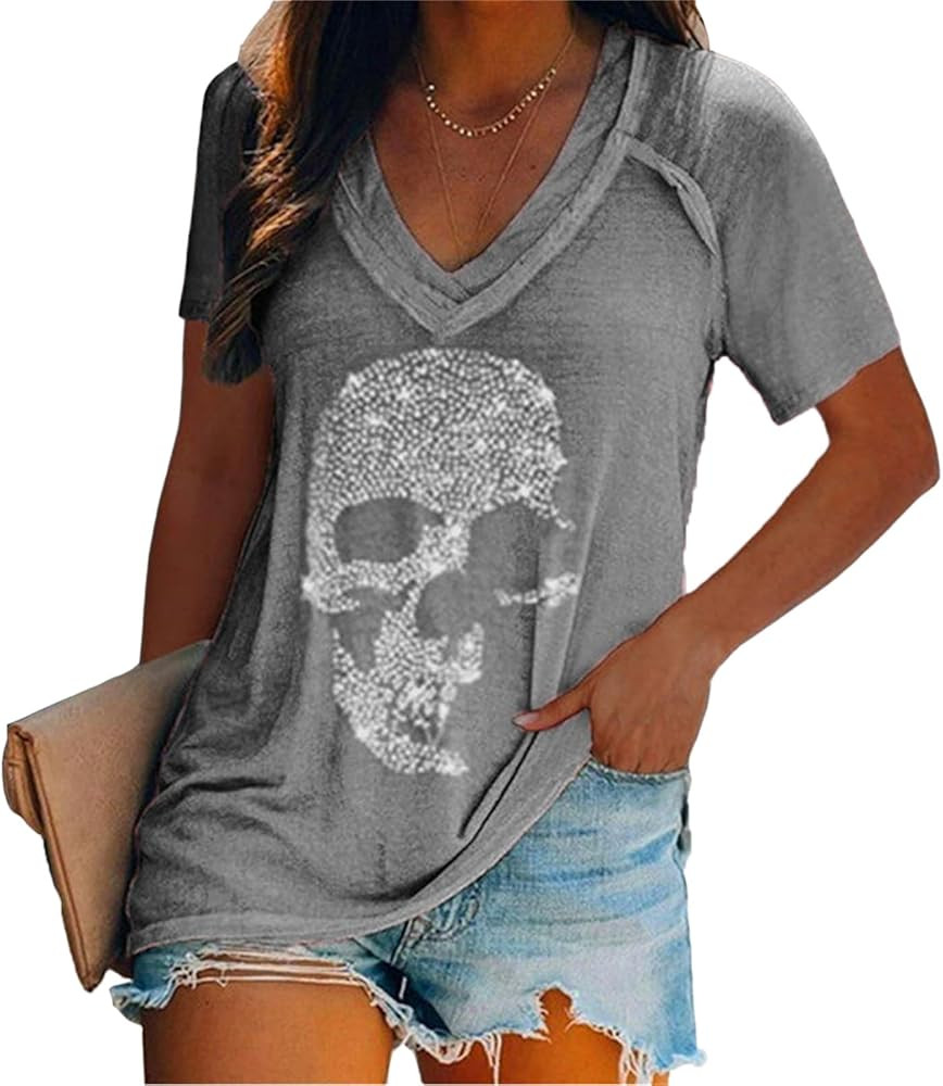 Fronage Womens Rhinestone Skull Tank Tops Long Short Sleeve Summer V Neck Sleeveless Shirts | Amazon (US)