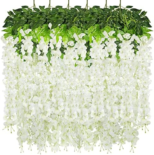 6 Pcak Artificial Wisteria Hanging Flowers Fake Silk Wisteria Garland Vines with White Semi-Sheer... | Amazon (US)