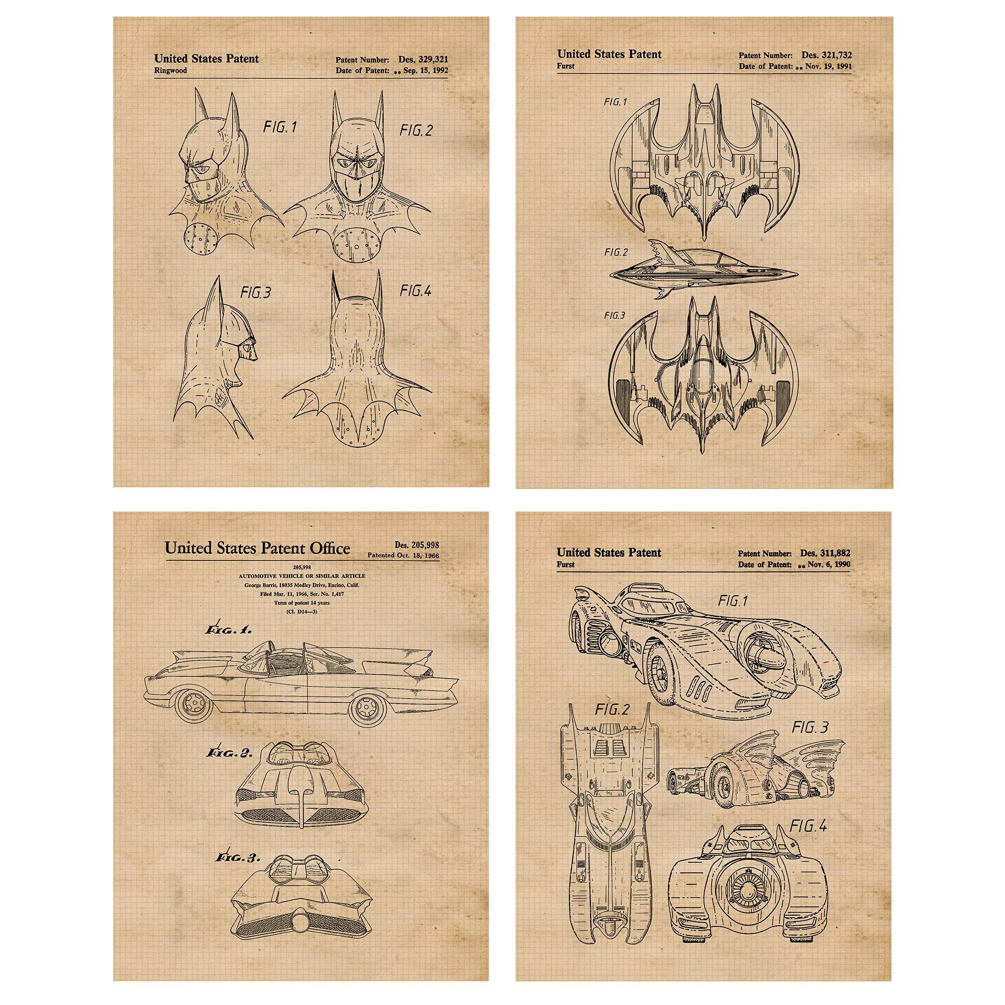 Classic Dark Knight Superhero Car Patent Prints, 4 Unframed Photos, Wall Art Decor for Home Work Office Game Bat Cave Studio School Student | Etsy (Global)
