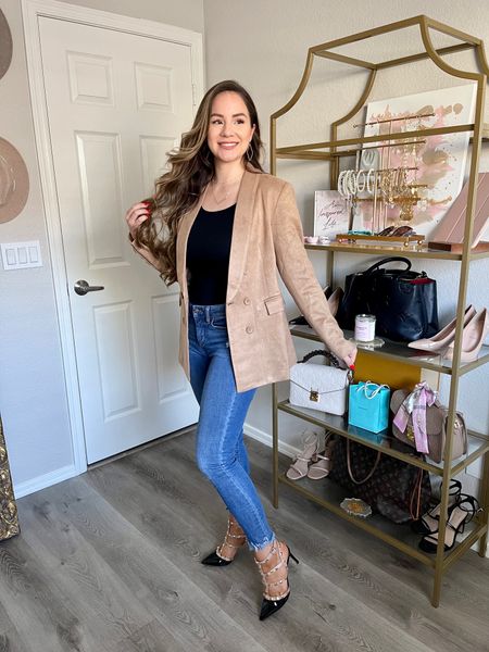 Smart Casual Outfit | Faux Suede Blazer, wearing small / Raw Hem Jean, wearing 0 / Black Stretch Basic Long Sleeve Top, wearing small / Studded Pointed Toe Pumps, tts / Amazon Fashion Finds, Walmart Fashion Finds #outfitidea #blazer

#LTKworkwear #LTKshoecrush #LTKunder50