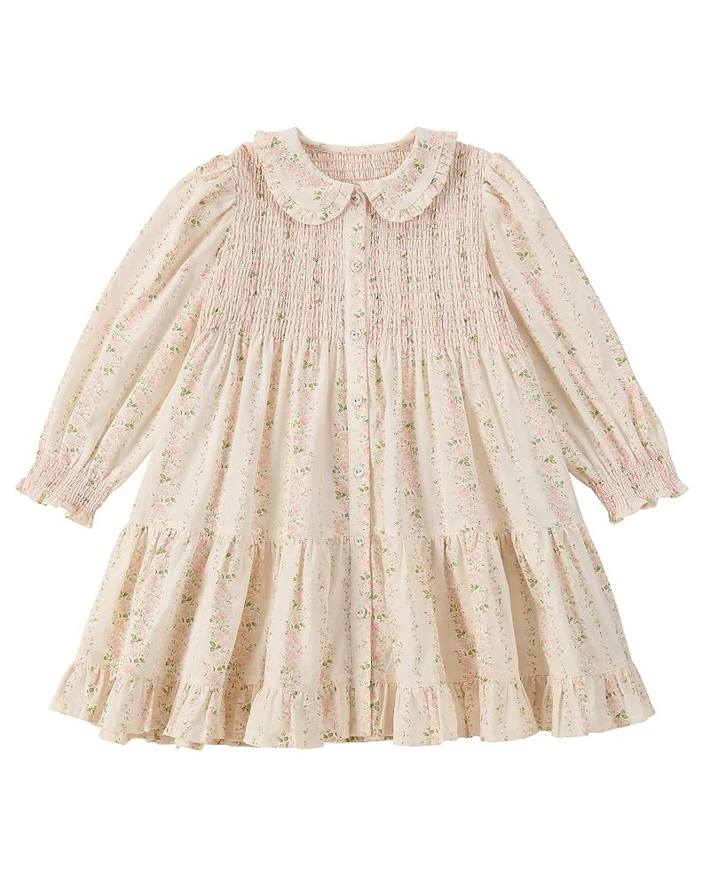 Twoflower Toddler Girls Dress Smocked Dresses|Floral Print Long Sleeve Dress with Peter Pan Colla... | Amazon (US)