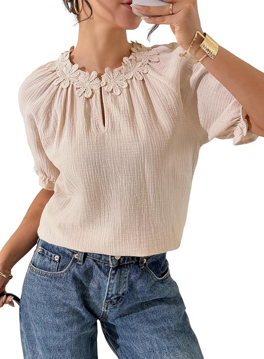 Dokotoo Blouses for Women Dressy Casual Puff Short Sleeve Shirts Lace Crewneck Solid Floral Embro... | Amazon (US)