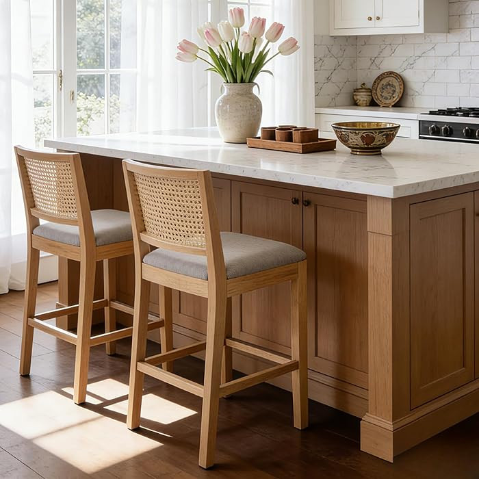 Rattan Counter Height Bar Stools, 25.6'' Modern Counter Stools with Cane Back, Mid Century Bar Ch... | Amazon (US)