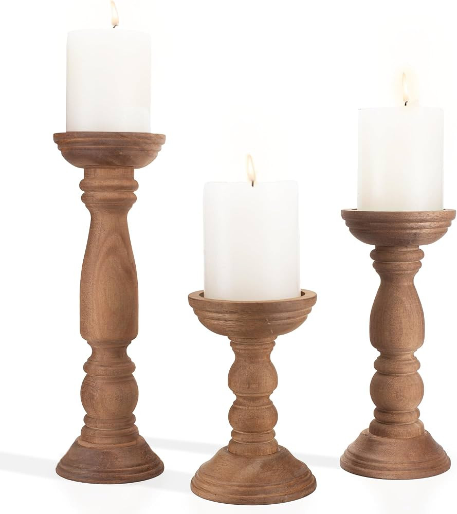 Farmhouse Wooden Candle Holders for Pillar Candles Set of 3, Rustic Wood Candle Holder Table Cent... | Amazon (US)
