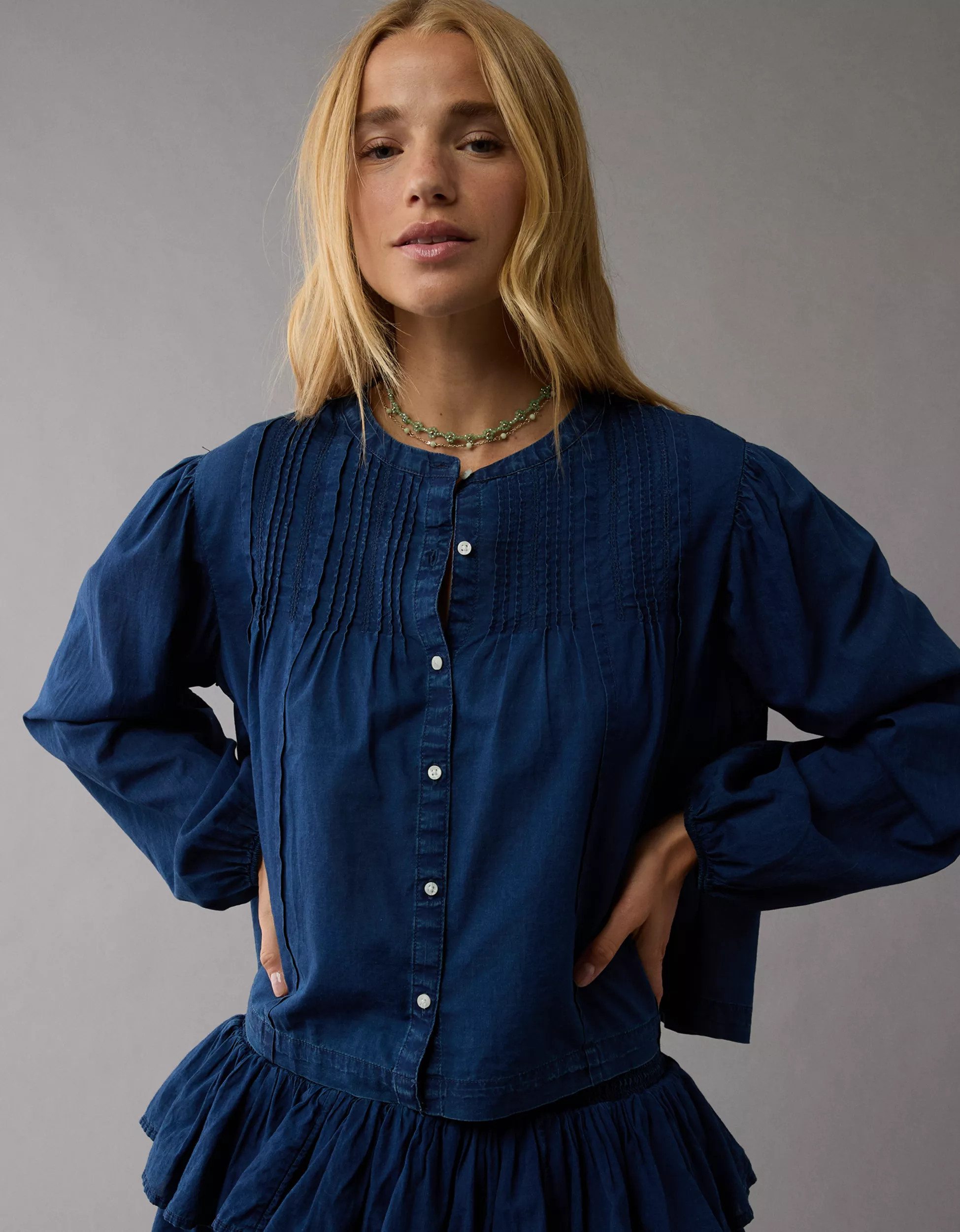 AE Pintucked Long-Sleeve Blouse | American Eagle Outfitters (US & CA)