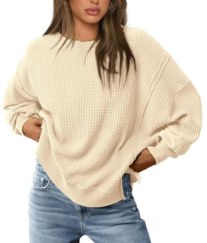 PRETTYGARDEN Oversized Sweatshirt for Women 2025 Fashion Crewneck Long Sleeve Pullover Waffle Knit Tops Fall Trendy Clothes (Beige,Large) | Amazon (US)