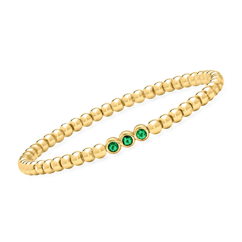 .20 ct. t.w. Lab-Grown Emerald and 4mm 18kt Gold Vermeil Bead Stretch Bracelet | Ross-Simons