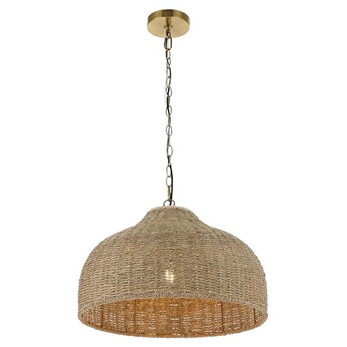 JONATHAN Y 20" Brown/Brass Gold 1-Light Rattan and Iron Dome Pendant Light, Adjustable Height Coastal Bohemian Hanging Lamp for Kitchen Island, LED Bulb Included JYL1133A | Amazon (US)