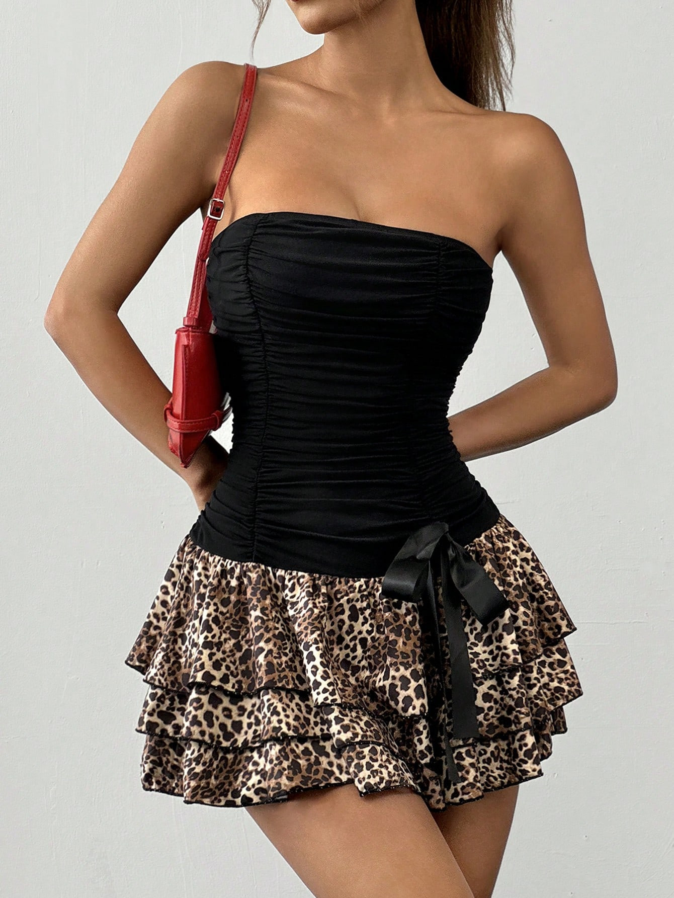 SHEIN EZwear Women's Strapless Pleated Wrap Design Tulle Leopard Print Peplum Mini Dress | SHEIN