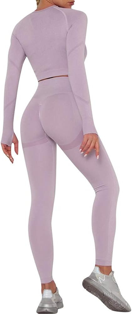 FeelinGirl Women Two Piece Seamless Yoga Outfits Long Sleeve Thumb-Hole Crop Top Workout Leggings... | Amazon (US)