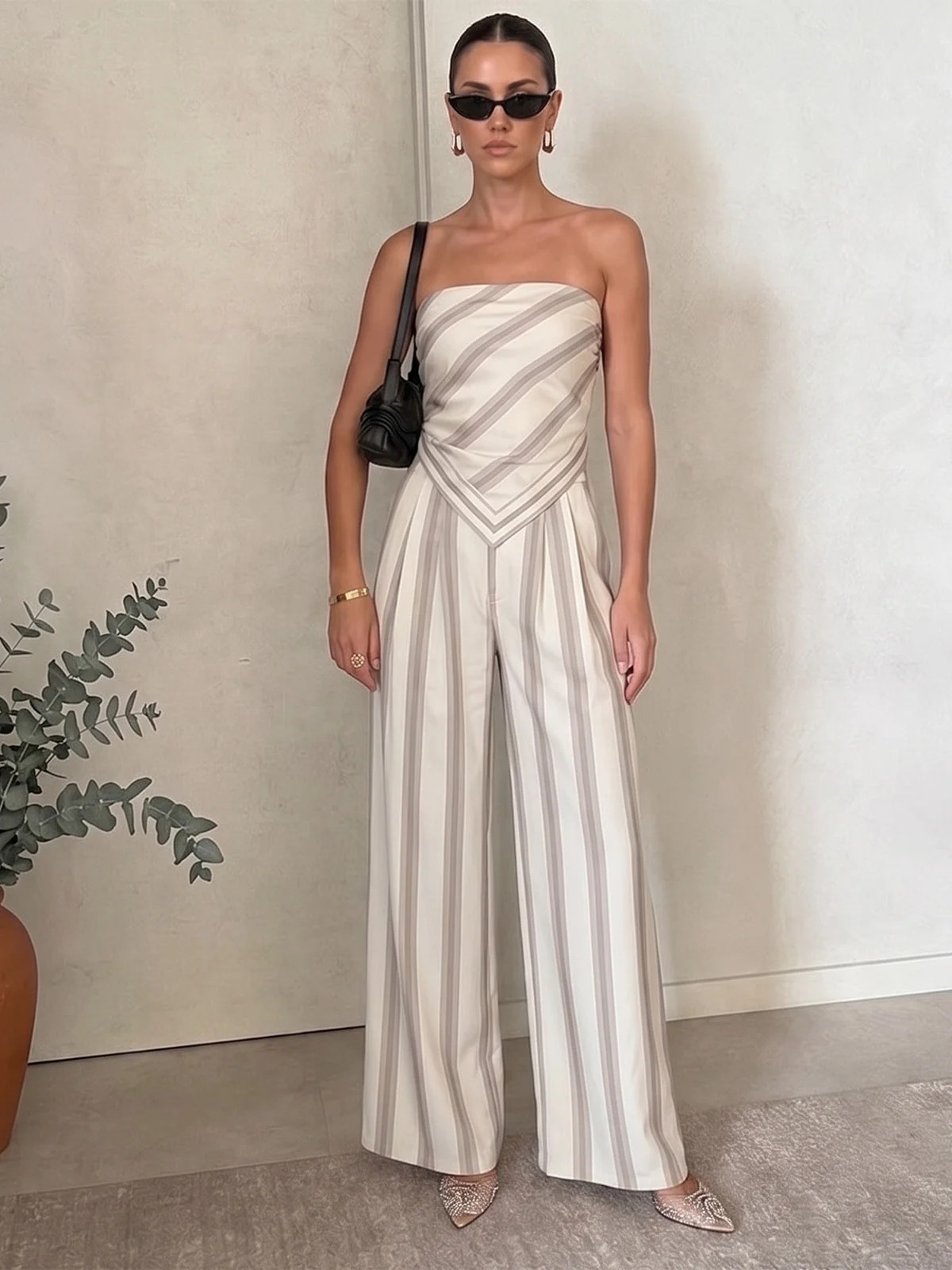 Striped Strapless Top & Wide Leg Pants Set | Commense