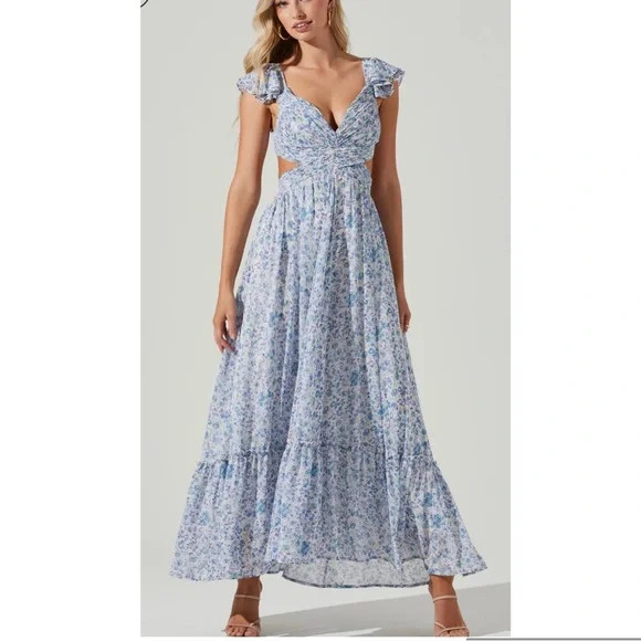Astr The Label Blue Primrose Floral Strappy Open Back Maxi Dress Size L | Poshmark