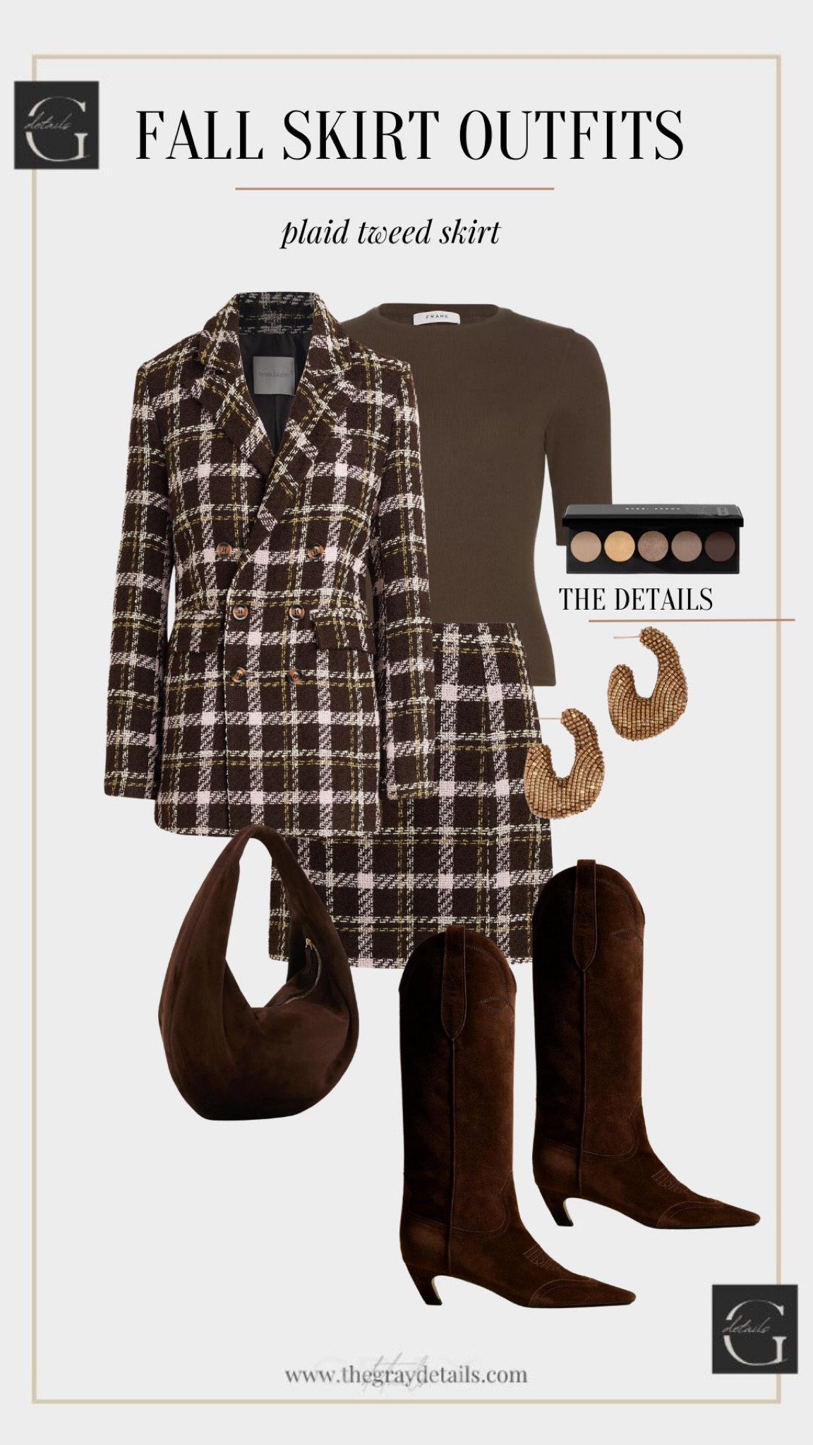 Fall skirt outfit ideA

Plaid blazer
Brown bag
Suede boots 

#LTKstyletip #LTKshoecrush #LTKover40