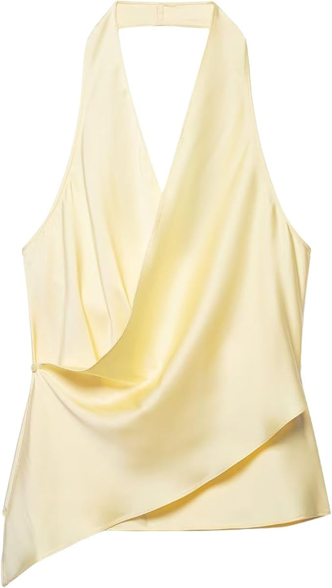 FindThy Women\u2019s Satin Halter Top Sexy V-Neck Open Back Asymmetrical Hem Sleeveless Cami Top ... | Amazon (US)