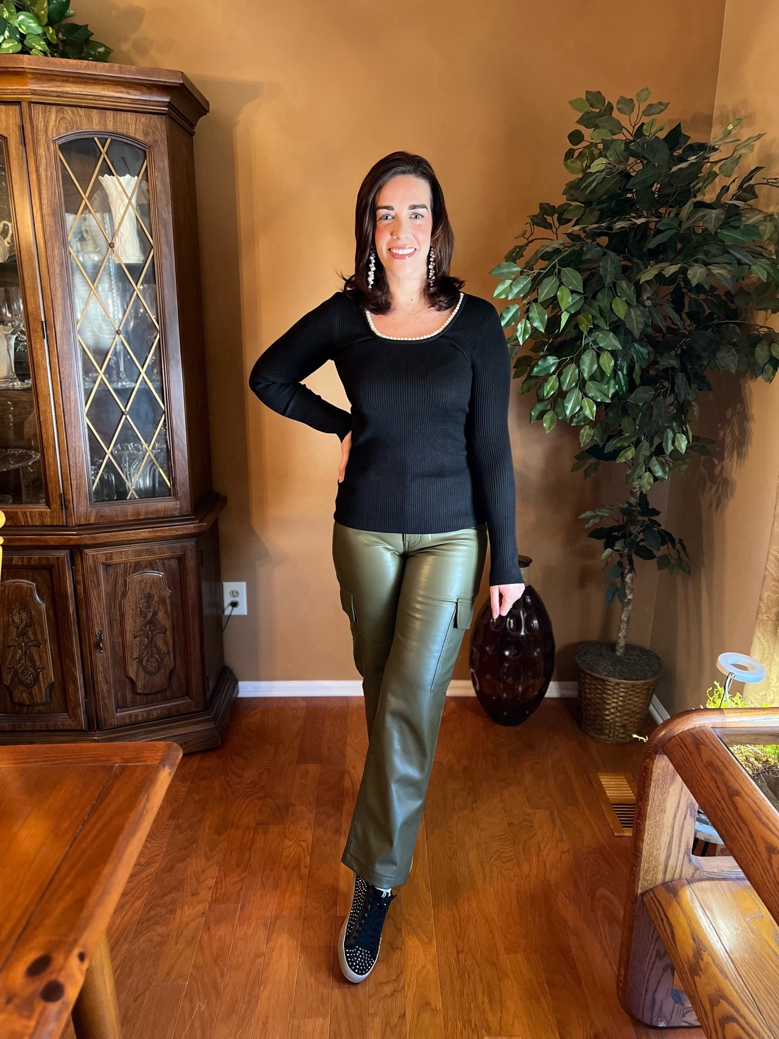 Winter Outfits - Black Pearl Scoop Neck Sweater (size small). Green cargo pants (size 27). Star studded platform sneaker (size 8.5). #winteroutfits #scoopnecksweater #blacksweater #sweater #cargopants #pants #greenpants #sweaters #platformsneaker #sneaker #sneakers #studdedsneaker 

#LTKstyletip #LTKSeasonal #LTKfindsunder100