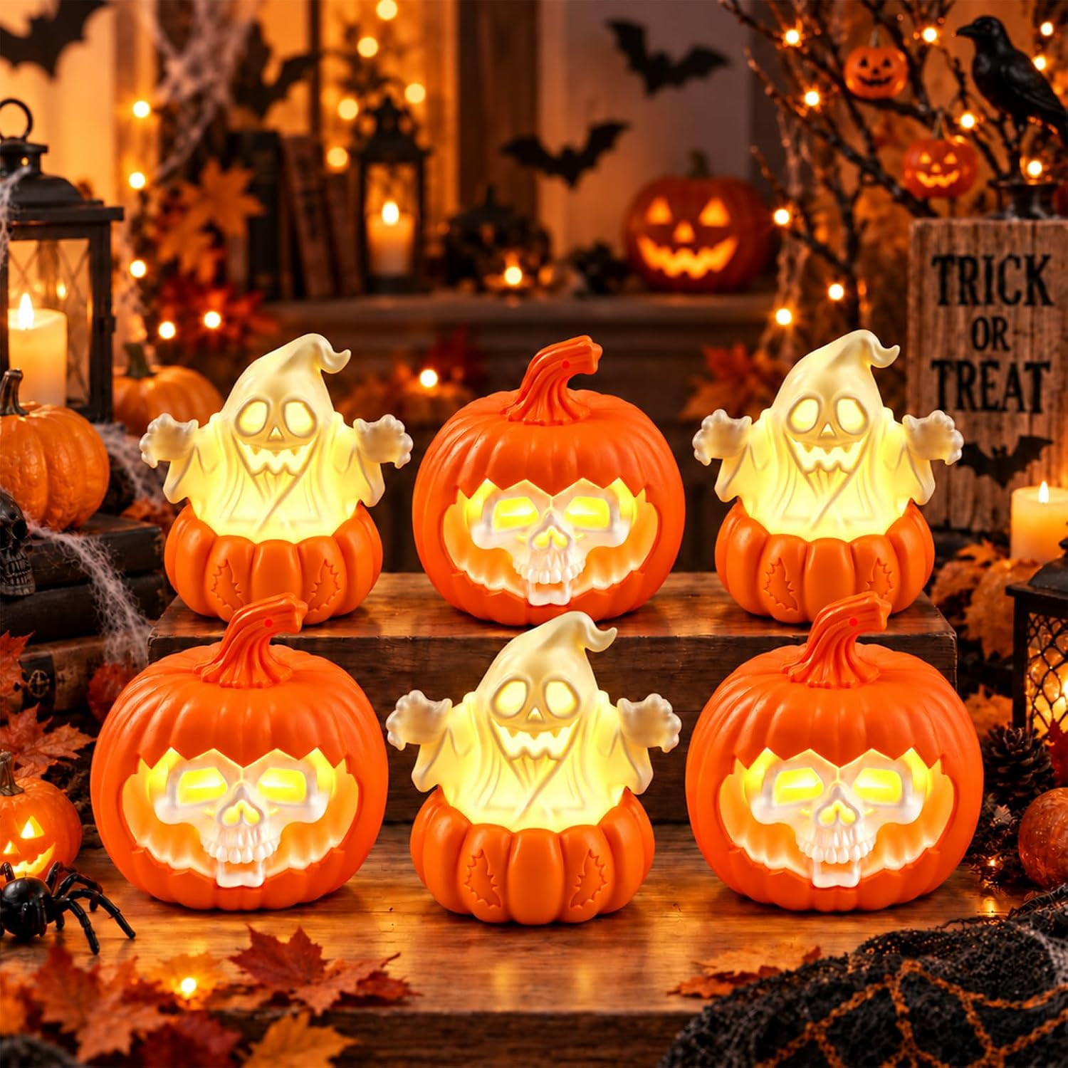 6 Pack Halloween LED Flameless Candles with Ghost Pumpkin Skull Design | Amazon (US)