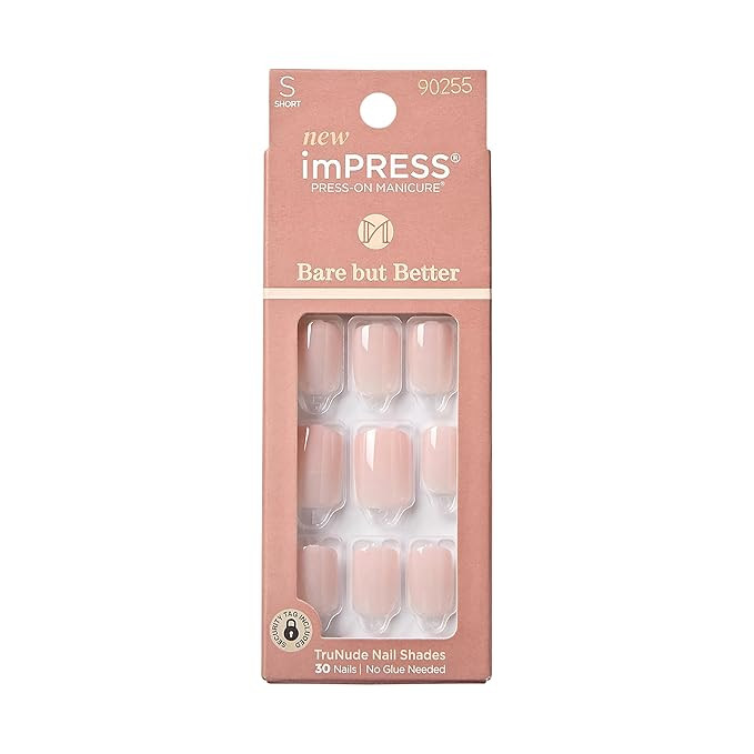 KISS imPRESS Bare but Better No Glue Mani 30 Pcs Press On Nails, Light Pink Squoval Shape, Simple... | Amazon (US)