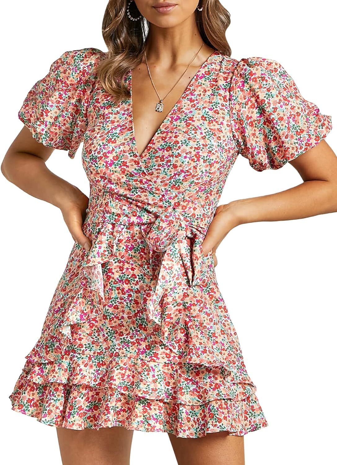 SPRIME Women's Ditsy Floral Summer Casual Dress V Neck Short Puff Sleeve Flowy Mini Dresses Waist... | Amazon (US)