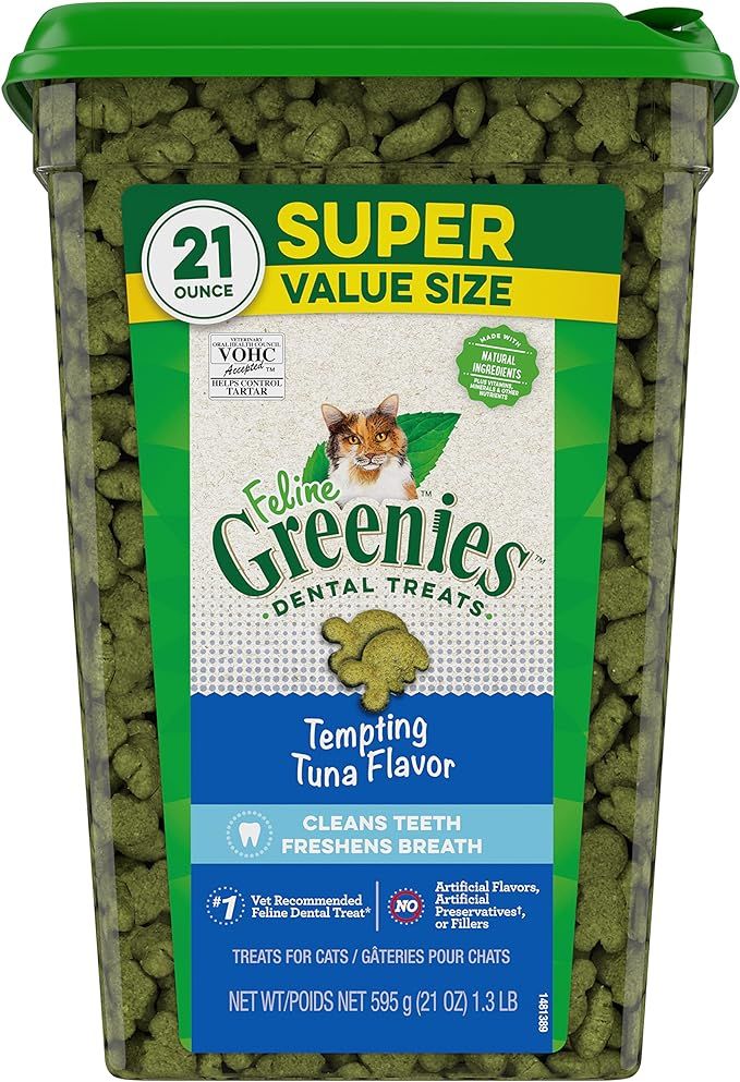 FELINE GREENIES Natural Dental Care Cat Treats Tempting Tuna Flavor, 21 oz. Tub | Amazon (US)