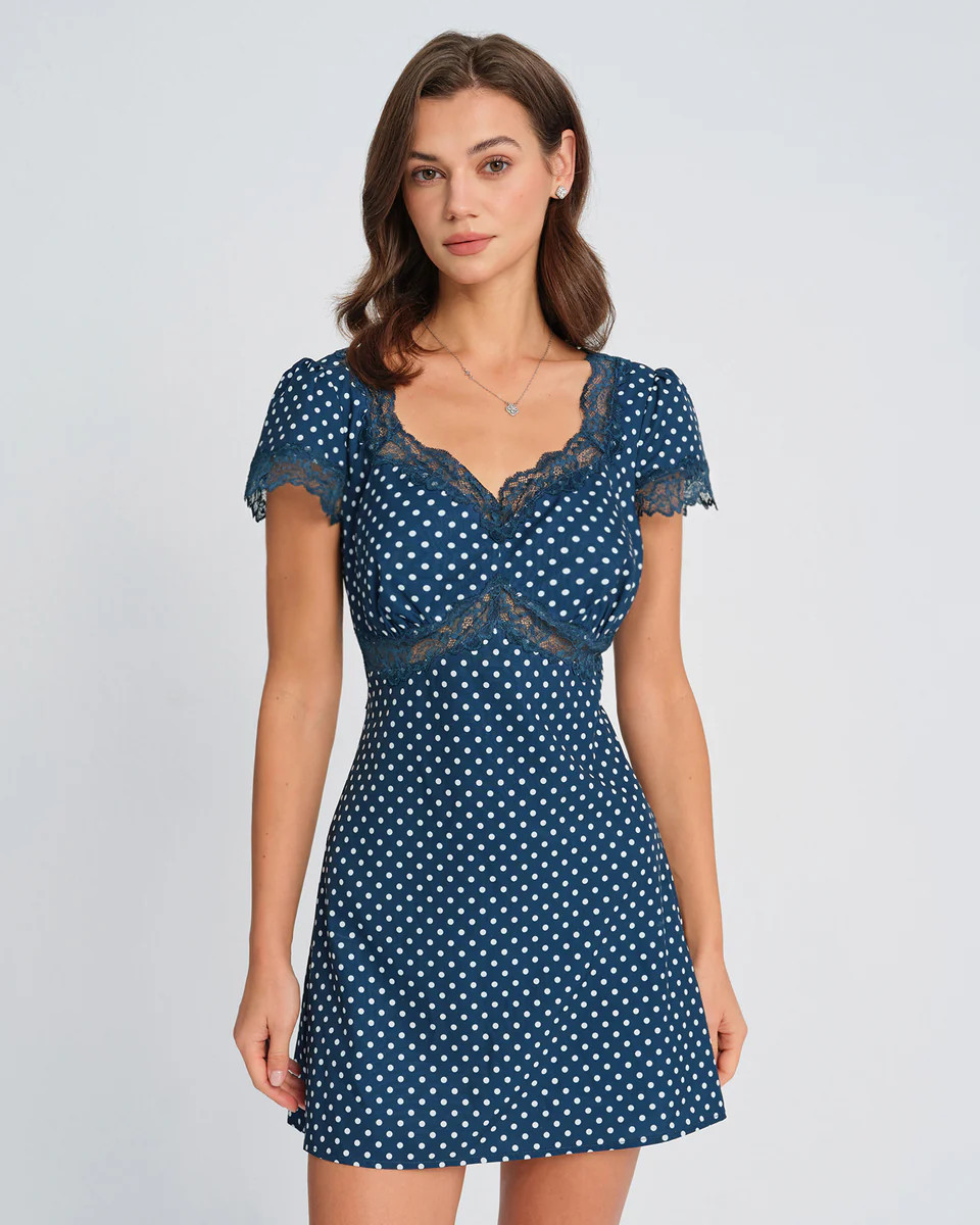 Blue V Neck Polka Dot Mini Dress | rihoas.com