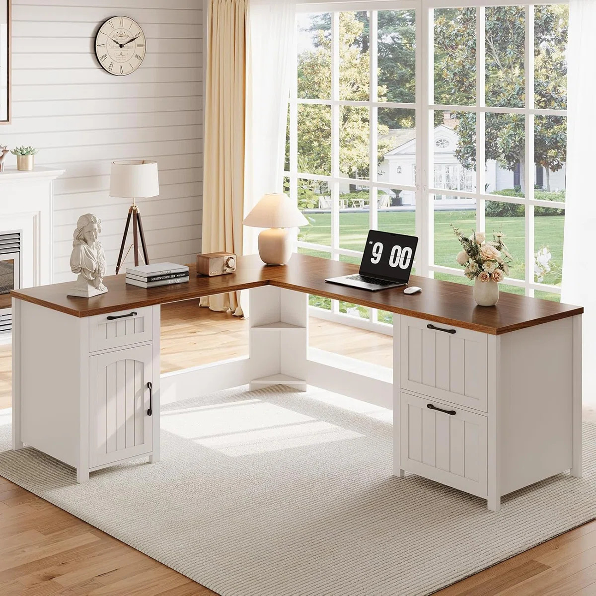 L Shaped Desk With 3 Drawers, Farmhouse L Shaped Executive Desk, Wood Computer Desk With Storage ... | Wayfair North America