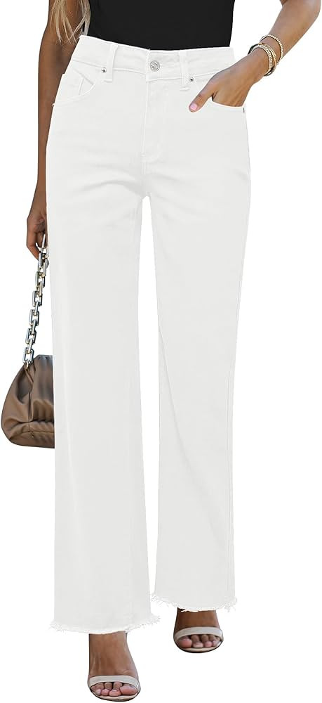 GRAPENT Straight Leg Jeans for Women High Waisted Stretchy Frayed Raw Hem Loose Denim Pants Casua... | Amazon (US)