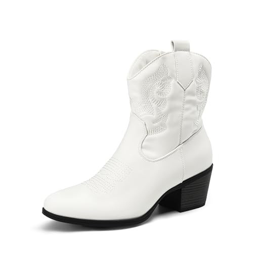 DREAM PAIRS Women's Western Cowboy Cowgirl Embroidered Ankle Boots Fashion Low chunky Heel Round Toe Fall Short Booties Shoes,Size 7.5,White,SDAB2432W | Amazon (US)