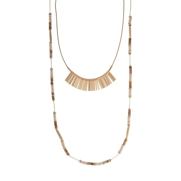 The Pioneer Woman Matte Gold Metal Fringe and Beaded Multi Layer Statement Necklace | Walmart (US)