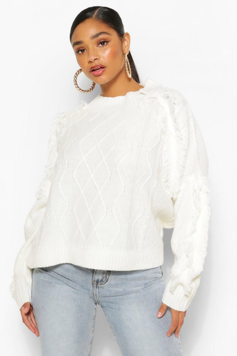 Womens Plus Tassel Cable Chunky Sweater - White - 16-18 | Boohoo.com (US & CA)