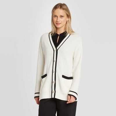 Women's Long Sleeve Button-Front Varsity Cardigan - Who What Wear™ White | Target