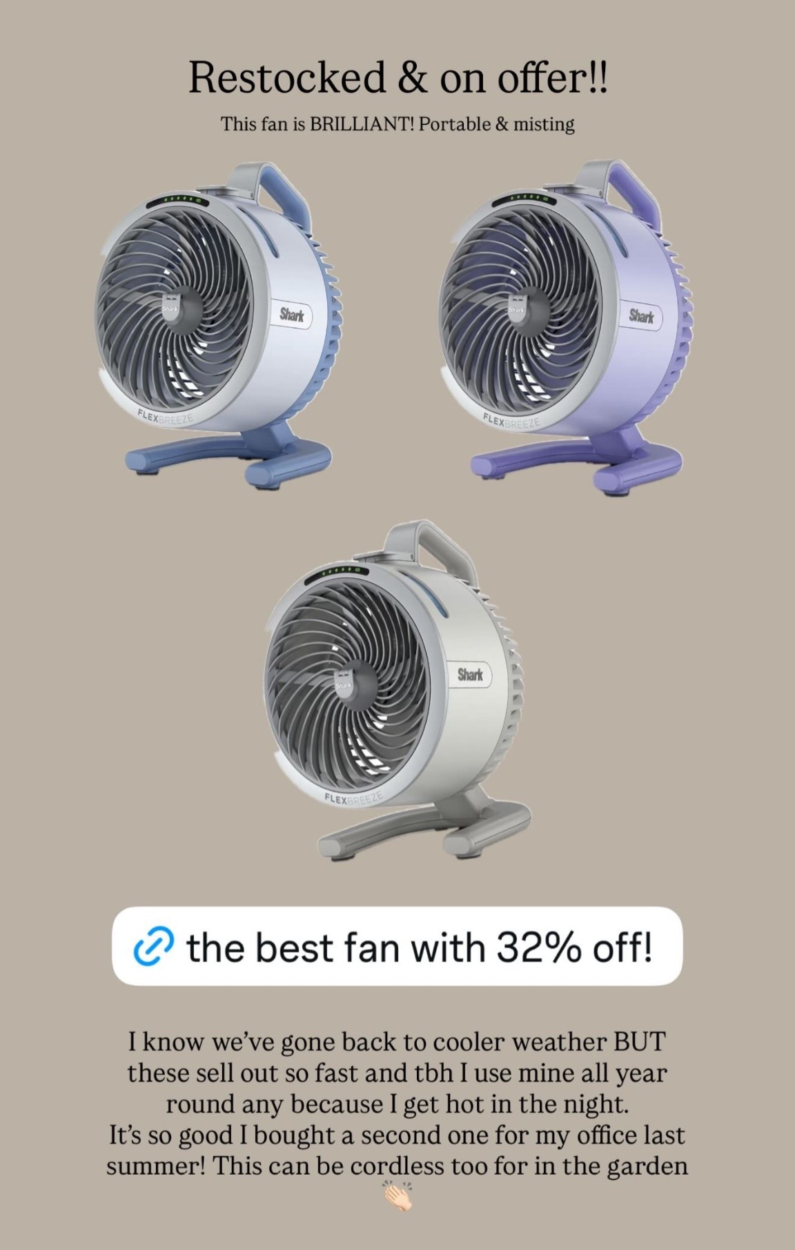 This is my favourite fan! It’s portable (cord less and plug in so can be used inside and outside!) + has the mister 👌🏻

#LTKhome #LTKsale #LTKsummer