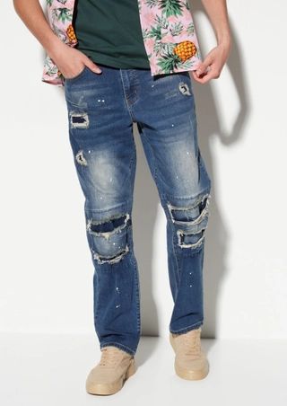 Dark Wash Rip Repair Knee Seam Loose Fit Jeans | rue21