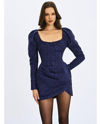 Women's Denise Navy Tweed Ruched Puff Sleeve Mini Dress | Macy's
