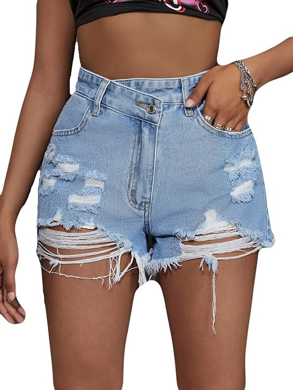 Floerns Women's Raw Hem High Waist Denim Shorts with Pocket | Amazon (US)
