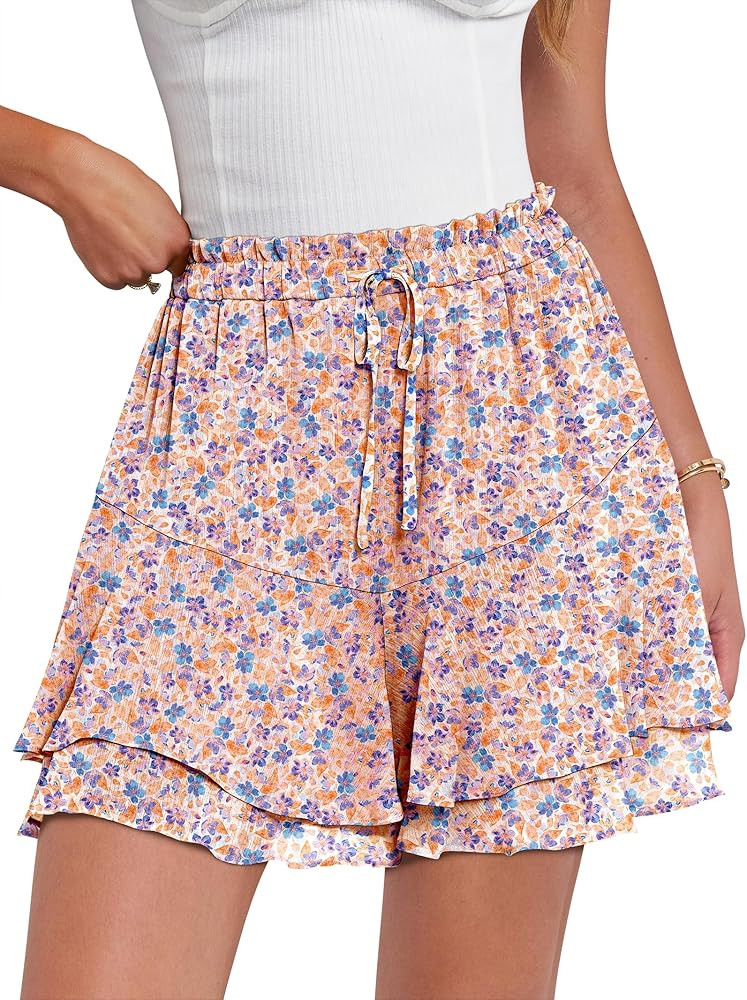 Caracilia Skorts for Women Boho Casual Beach Mini Skirts Summer Floral Ruffle Chiffon Flowy Short... | Amazon (US)