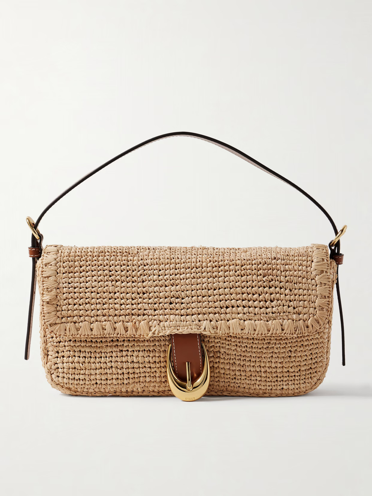 STAUD - Harlow Buckled Leather-trimmed Raffia Shoulder Bag - Neutrals | NET-A-PORTER (US)