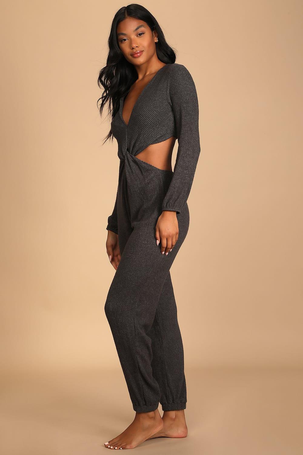 Lounge Time Charcoal Grey Ribbed Twist-Front Lounge Jumpsuit | Lulus (US)