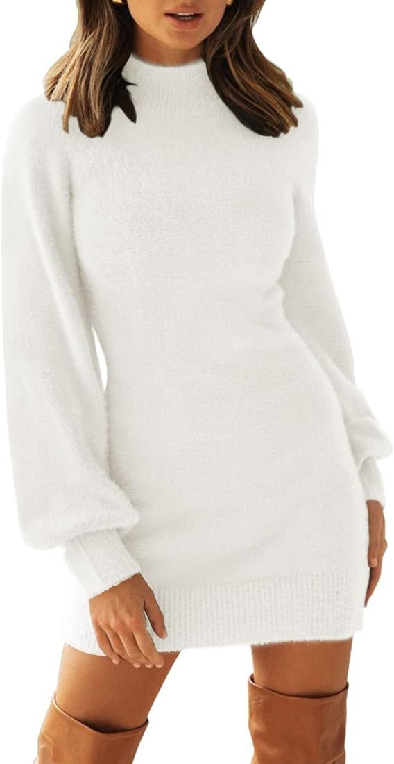 ZESICA Women's 2024 Casual Turtleneck Long Puff Sleeve Soft Fuzzy Knit Bodycon Pullover Mini Swea... | Amazon (US)