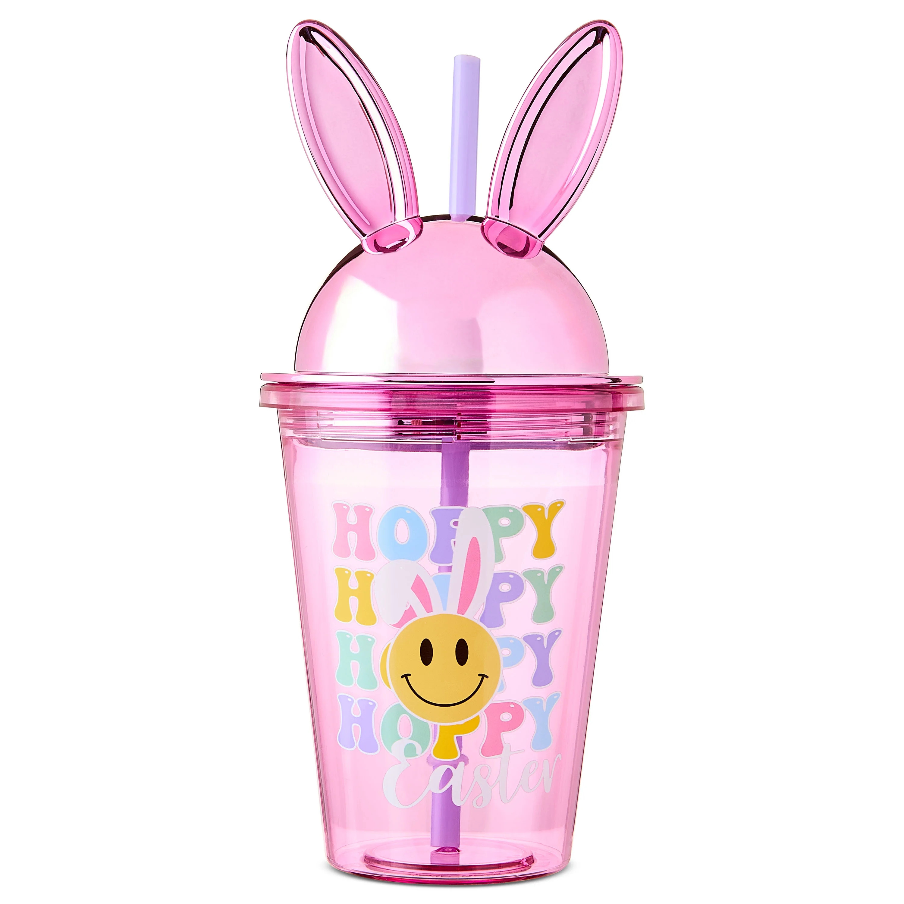 Easter Bunny Ear Lid Tumbler, Pink with Purple Straw, 17 fl oz, Smiley Face with Bunny Ears, By W... | Walmart (US)